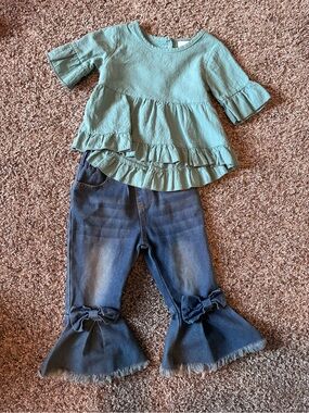 Girls Sage Ruffle Peplum Top with Dark Blue Flare Jeans Set